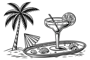 148 detailed black and white illustration, tropical drink with palm tree, seashells, martini glasses, high contrast, engraved style, retro vintage