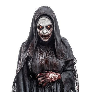 Sinister figure of a terrifying, bloody evil nun standing isolated against a plain background, evoking fear, Terrifying Bloody Evil Nun Sinister Figure Isolated on transparent background Halloween