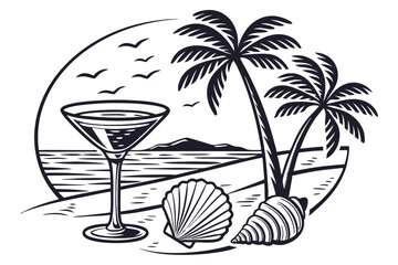 148 detailed black and white illustration, tropical drink with palm tree, seashells, martini glasses, high contrast, engraved style, retro vintage