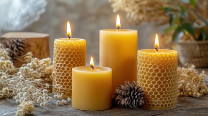Four honey-colored candles, natural design