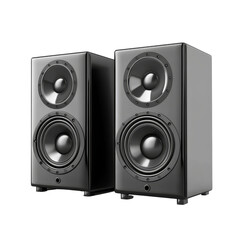 Fototapeta premium Modern black speakers designed for highquality sound on a clean transparent background, Black Modern Speakers isolated transparent background