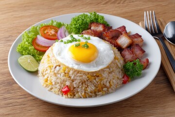 Golden Fried Rice Delight: Sunny Egg, Crispy Pork, and Fresh Salad