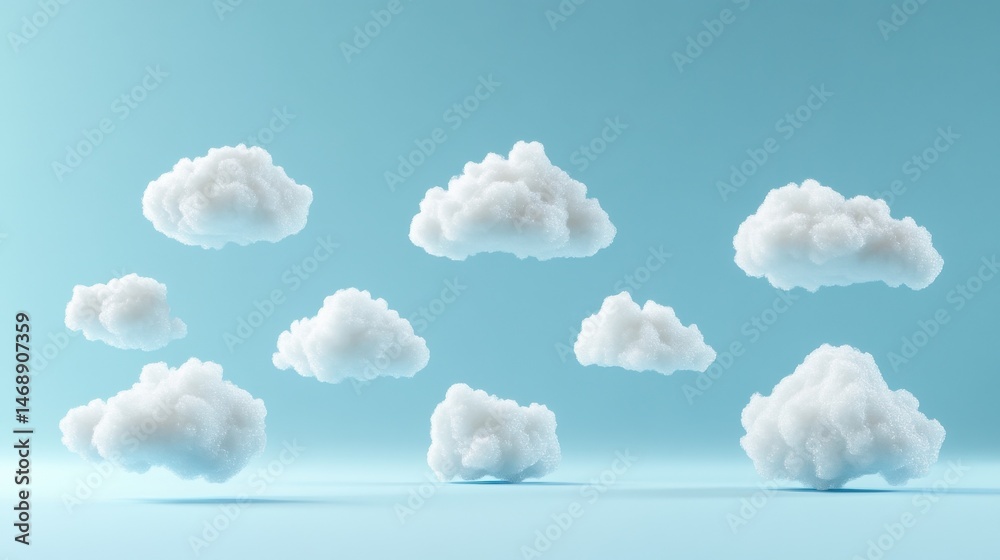 Poster 3d illustration of multiple cloud icons with a futuristic design symbolizing cloud computing and tec