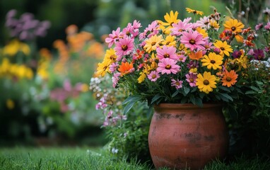 Obraz premium Colorful flower arrangement in terracotta pot with lawn field behind and vibrant summer mood for outdoor gardening plant growth and eco horticulture themes, 