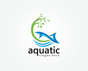 aquascape, aquatics logo, circular tree blending with fish decorated with striped waves below, logo design template
