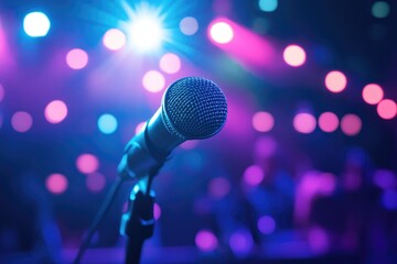 Close-up of a microphone on stage with bright blue and pink lights in the background during a performance.