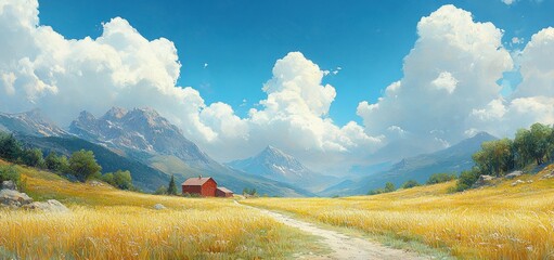 Serene Mountain Valley Landscape: Golden Fields and Red Barn under a Summer Sky
