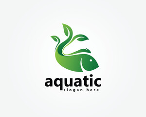Fototapeta premium aquascape, aquatics logo, abstract fish with tail blending with plants, logo design template