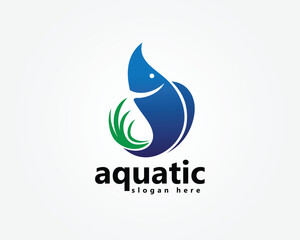 aquascape, aquatics logo, fish with plant tail, logo design template