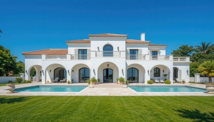 Exterior view of a large white mediterranean style villa with a swimming pool and green lawn area