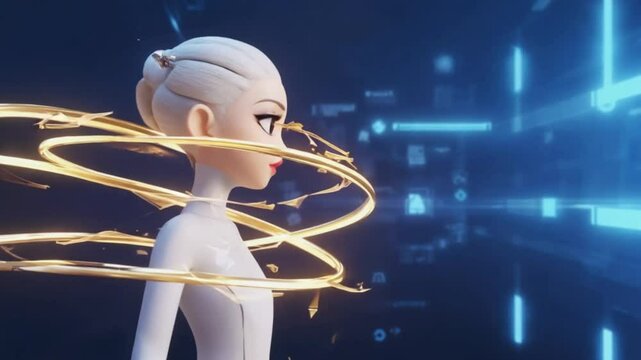 Futuristic AI avatar character with glowing lines, rotating in a loop over dark tech background 