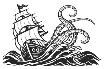 150 kraken_monster_ship,black_and_white,woodcut_style,detailed_drawing,tentacles,mast,sailing_ship,waves,contrast,dramatic