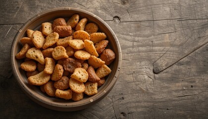 Fototapeta premium Delicious Crispy Baked Crackers in a Rustic Bowl on Wooden Table