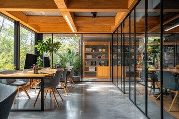 Modern open-plan office with large windows showcasing a lush garden.  Wooden beams, glass partitions, and gray chairs create a bright and airy atmosphere