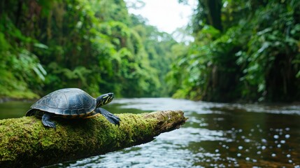 Obraz premium A slow-moving turtle resting on a moss-covered branch near a river, the lush rainforest surrounding it, teeming with life and vibrant vegetation.