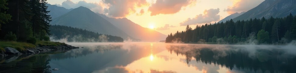 Obraz premium Sunlit lake, towering pines mirroring in still water, grey clouds , sky, lake