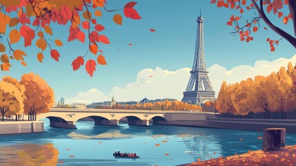 Seine in Paris with Eiffel tower in autumn time illustration , no logos, no brands