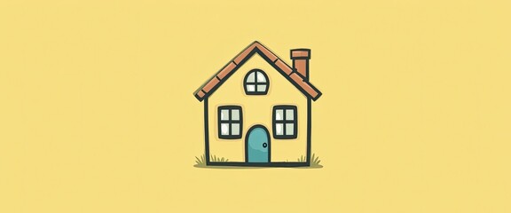 A cartoon drawing of a house with a chimney and a blue door on a yellow background illustration art