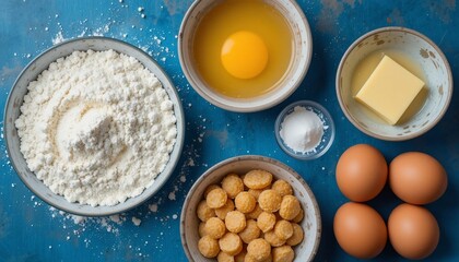 Baking Ingredients Flour Butter Eggs Sugar Baking Powder Overhead Flatlay