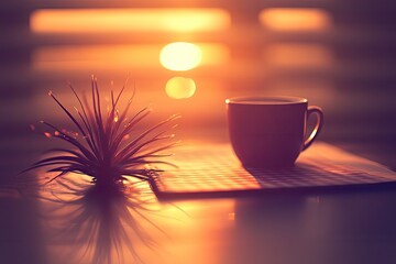 A dark mug of coffee sits on a checkered surface at sunset. A small plant casts a shadow beside it. Golden light bathes the scene