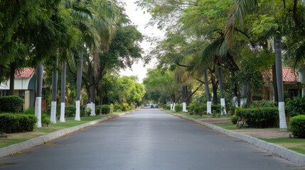 Obraz premium Residential street lined with palm trees, daylight scene. Possible use Stock photo for real estate, tourism, or nature photography