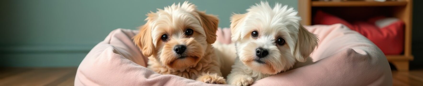 Two fluffy bichons, trendy haircuts, comfy pet bed, fluffy, furry