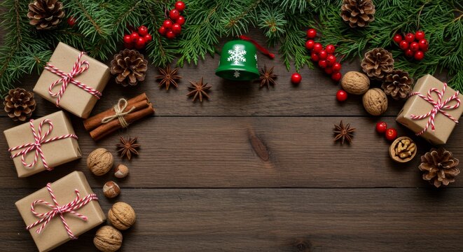 Rustic Christmas arrangement with gifts, pine cones, and festive decorations