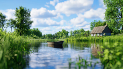 Serene boat ride along tranquil river surrounded by lush greenery and charming cottage in distance evokes peace