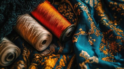 Cotton threads neatly arranged beside half-finished embroidery