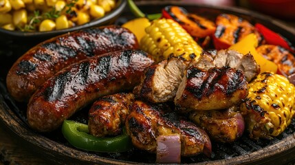 A smoky, sizzling scene of a mixed grill plate with sausages, chicken wings, and grilled vegetables like corn, peppers, and onions.