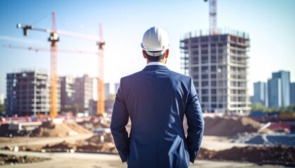 Fototapeta premium An urban industrial site where a high-rise building is being constructed with a crane moving on the background of a man in a suit