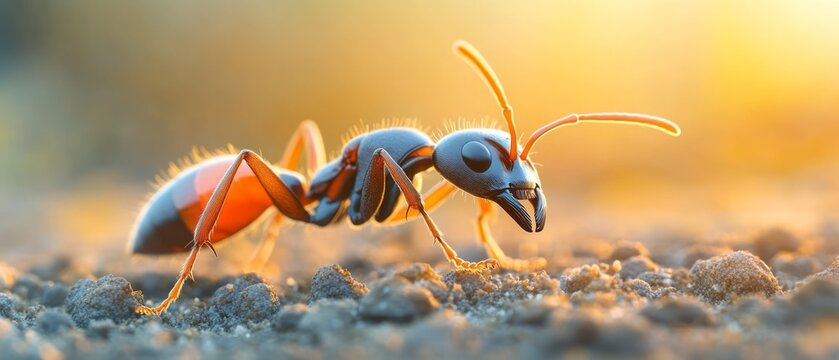 Detailed close-up view of an ant on the ground.