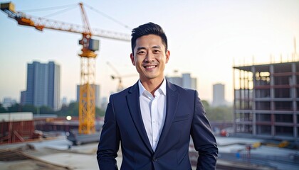Fototapeta premium An urban industrial site where a high-rise building is being constructed with a crane moving on the background of a man in a suit