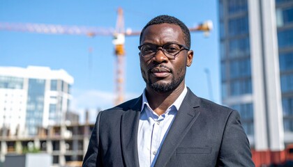 Fototapeta premium An urban industrial site where a high-rise building is being constructed with a crane moving on the background of a man in a suit
