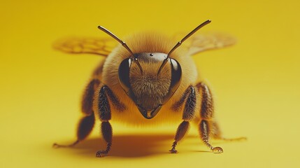 Close-up view of a honeybee against a vibrant yellow backdrop.