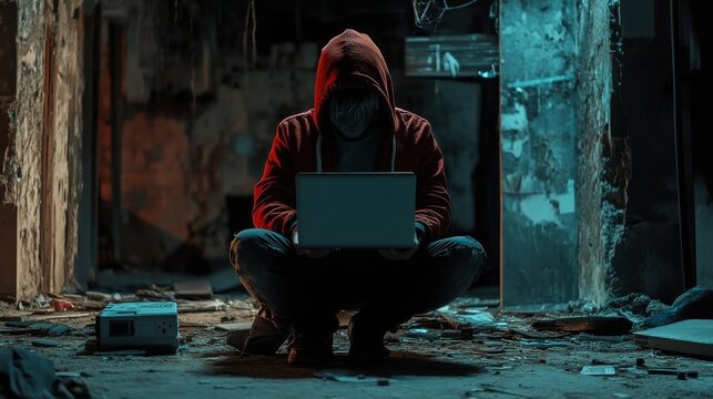 computer hacker of terrorist stealing information with laptop in abandoned building. Low key photo. illustration , no logos, no brands