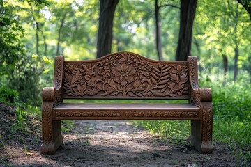 A carved wooden bench sits serenely in a sun-dappled forest glade, inviting rest and contemplation amidst nature's tranquil beauty.