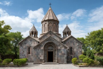 Fototapeta premium Stone Church Under Blue Skies: Armenian Architectural Serenity