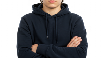 Person in a navy blue hoodie with arms crossed transparent background