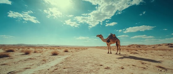Desert landscape with a solitary camel under a vibrant sky.