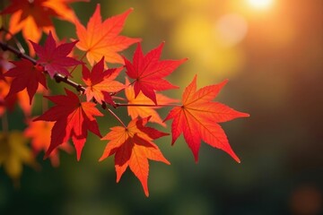 Vibrant red, orange, yellow maple leaves cluster on a branch , background, foliage