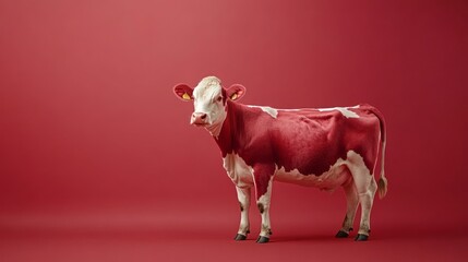 Red and white cow against a vibrant red background.