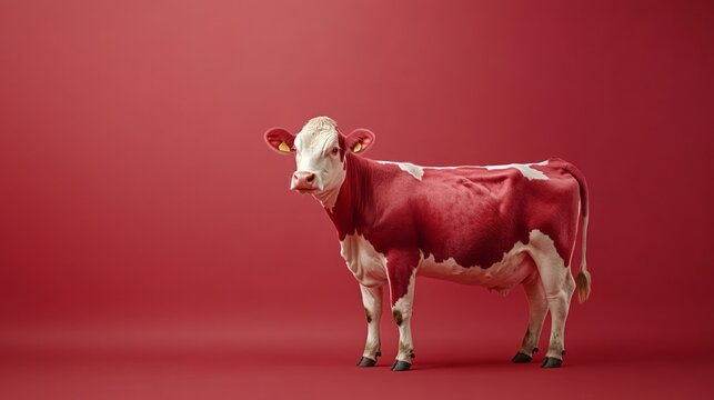 Red and white cow against a vibrant red background.