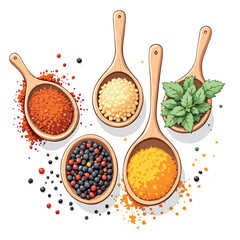 Vsai wooden spoons containing colorful spices and herbs on white background
