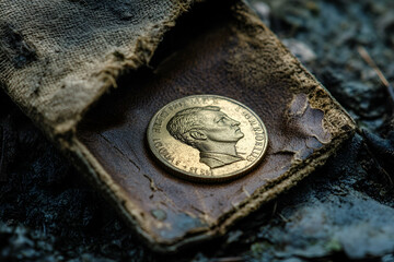 Aged gold coin nestled within a tattered leather pouch.