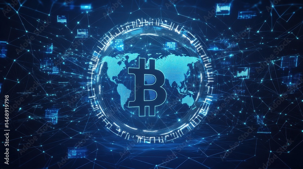 Poster blockchain technology futuristic hud background with world globe and blockchain polygon peer to peer