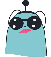 Alien character, vector illustration in hipster style quirky, weird, creature, character, futuristic, retro, vintage, blue, black and red modern minimalist design with cute character, glasses, headset
