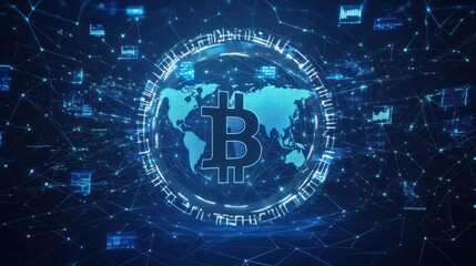 Blockchain technology futuristic hud background with world globe and blockchain polygon peer to peer network. Global cryptocurrency fintech business banner concept. Low poly design. Horizontal layout