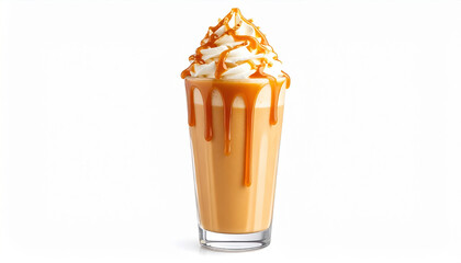 Tall glass of creamy caramel milkshake topped with whipped cream and drizzled with caramel sauce