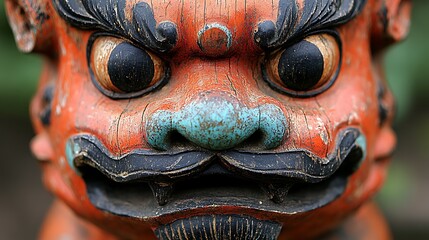 Close-up of an ancient, wooden creature face.